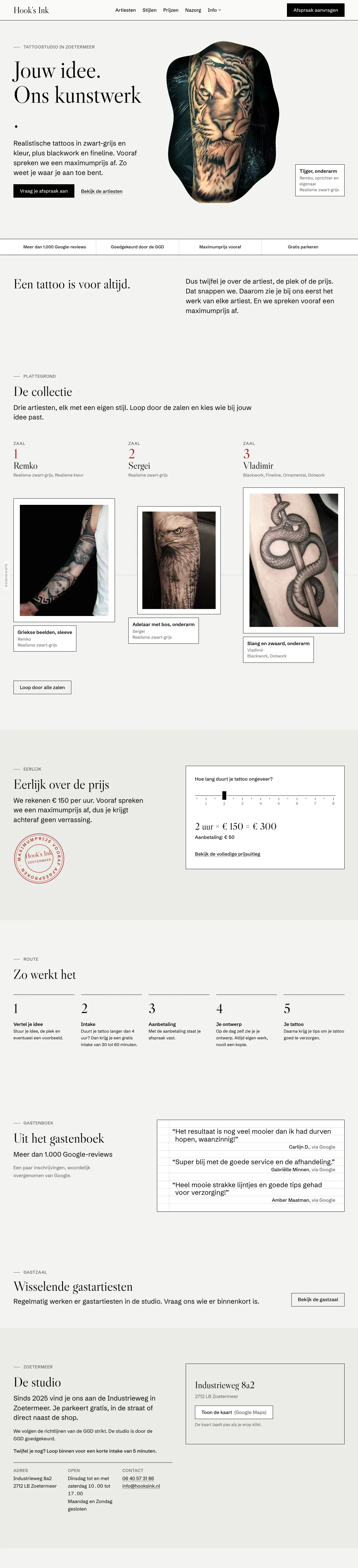 De website van Hook's Ink op een computer